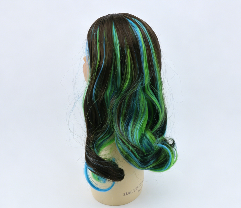 Brown Base Blue Green Highlight Long Wavy Wig For 18'' Fashion Girl Doll | Synthetic Doll Replacement Hair Accessory