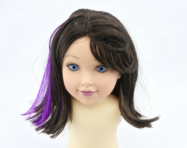 Dark Brown With Purple Side Highlight Bob Wig For 18'' Fashion Girl Doll | Synthetic Doll Replacement Hair Accessory