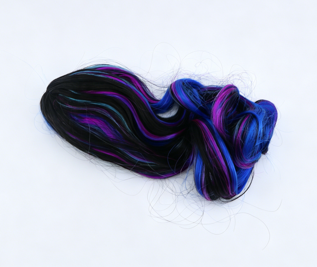 Black Base Blue Purple Highlight Long Wavy Wig With 8cm Inner Cap For Fashion Girl Doll | Synthetic Doll Replacement Hair Accessory