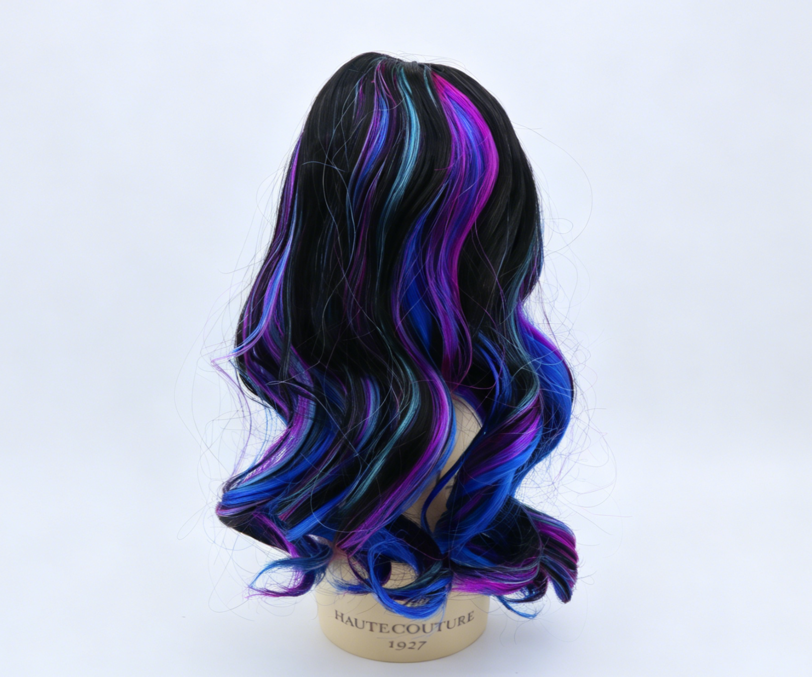 Black Base Blue Purple Highlight Long Wavy Wig With 8cm Inner Cap For Fashion Girl Doll | Synthetic Doll Replacement Hair Accessory