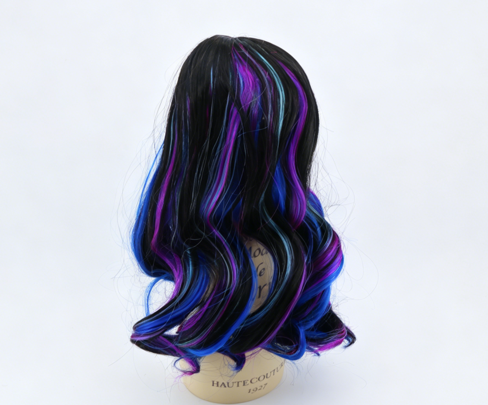 Black Base Blue Purple Highlight Long Wavy Wig With 8cm Inner Cap For Fashion Girl Doll | Synthetic Doll Replacement Hair Accessory