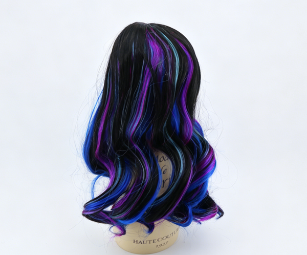 Black Base Blue Purple Highlight Long Wavy Wig With 8cm Inner Cap For Fashion Girl Doll | Synthetic Doll Replacement Hair Accessory