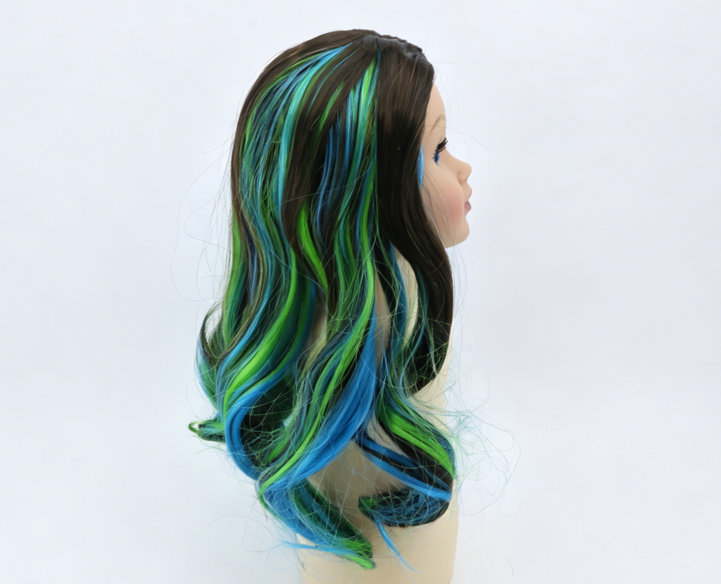 Brown Base Blue Green Highlight Long Wavy Wig For 18'' Fashion Girl Doll | Synthetic Doll Replacement Hair Accessory