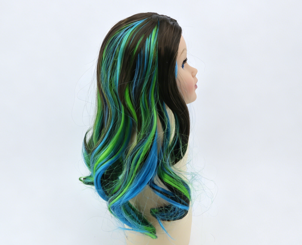 Brown Base Blue Green Highlight Long Wavy Wig For 18'' Fashion Girl Doll | Synthetic Doll Replacement Hair Accessory