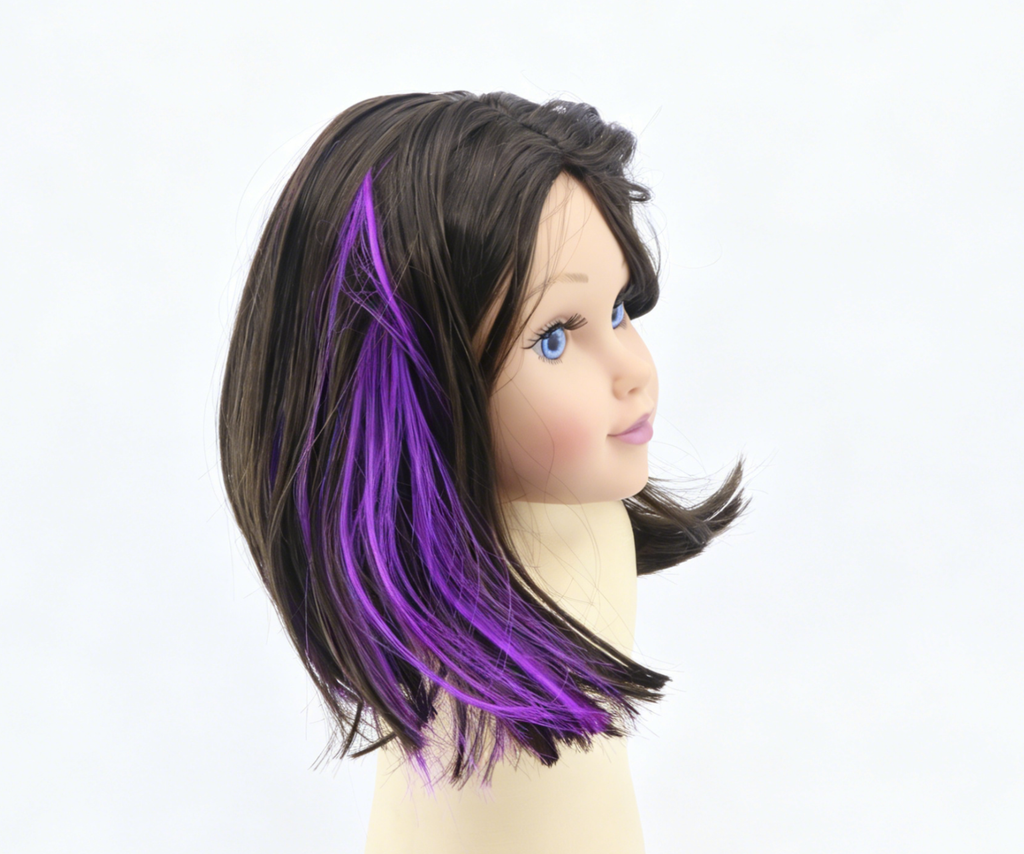 Dark Brown With Purple Side Highlight Bob Wig For 18'' Fashion Girl Doll | Synthetic Doll Replacement Hair Accessory
