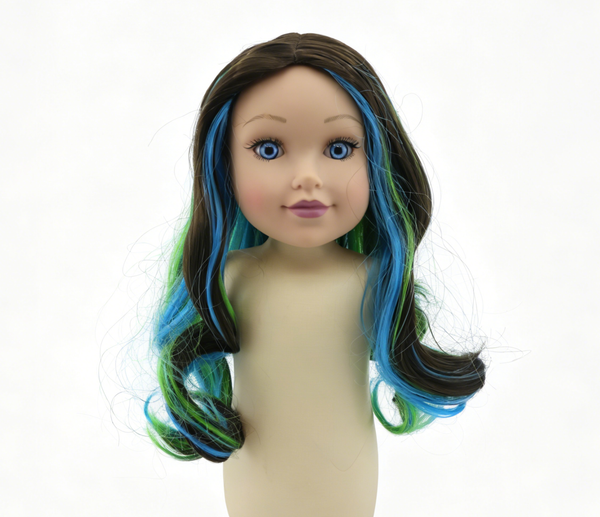 Brown Base Blue Green Highlight Long Wavy Wig For 18'' Fashion Girl Doll | Synthetic Doll Replacement Hair Accessory