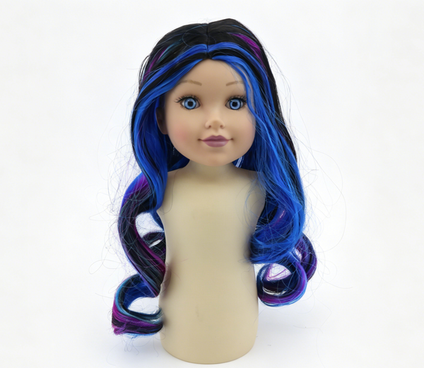 Black Base Blue Purple Highlight Long Wavy Wig With 8cm Inner Cap For Fashion Girl Doll | Synthetic Doll Replacement Hair Accessory