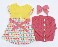 #4 【Yellow Floral Dress & Pink Knit Cardigan & Bow 3 Piece Outfit For 18'' Doll】 Main image