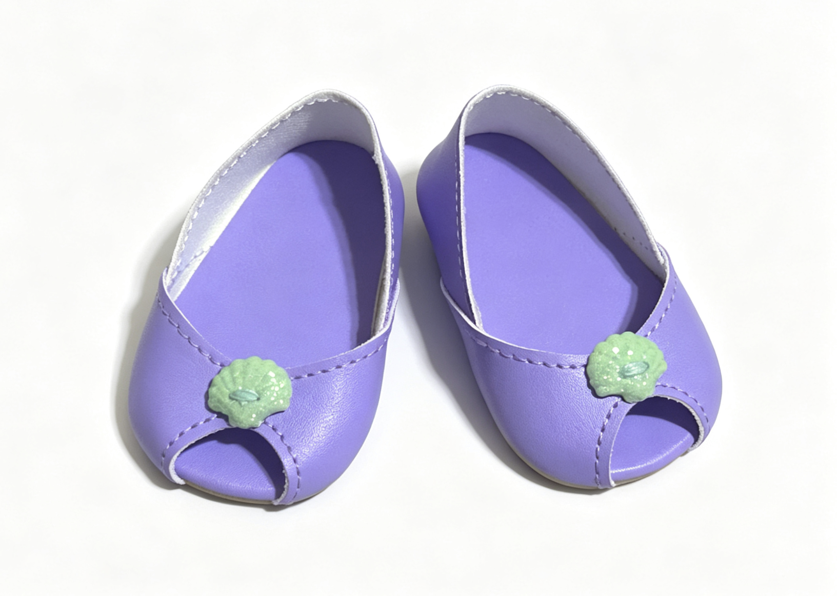 【A pair of purple open-toe kitten heels with glittery faux seashells for 18'' doll shoes】 Main image