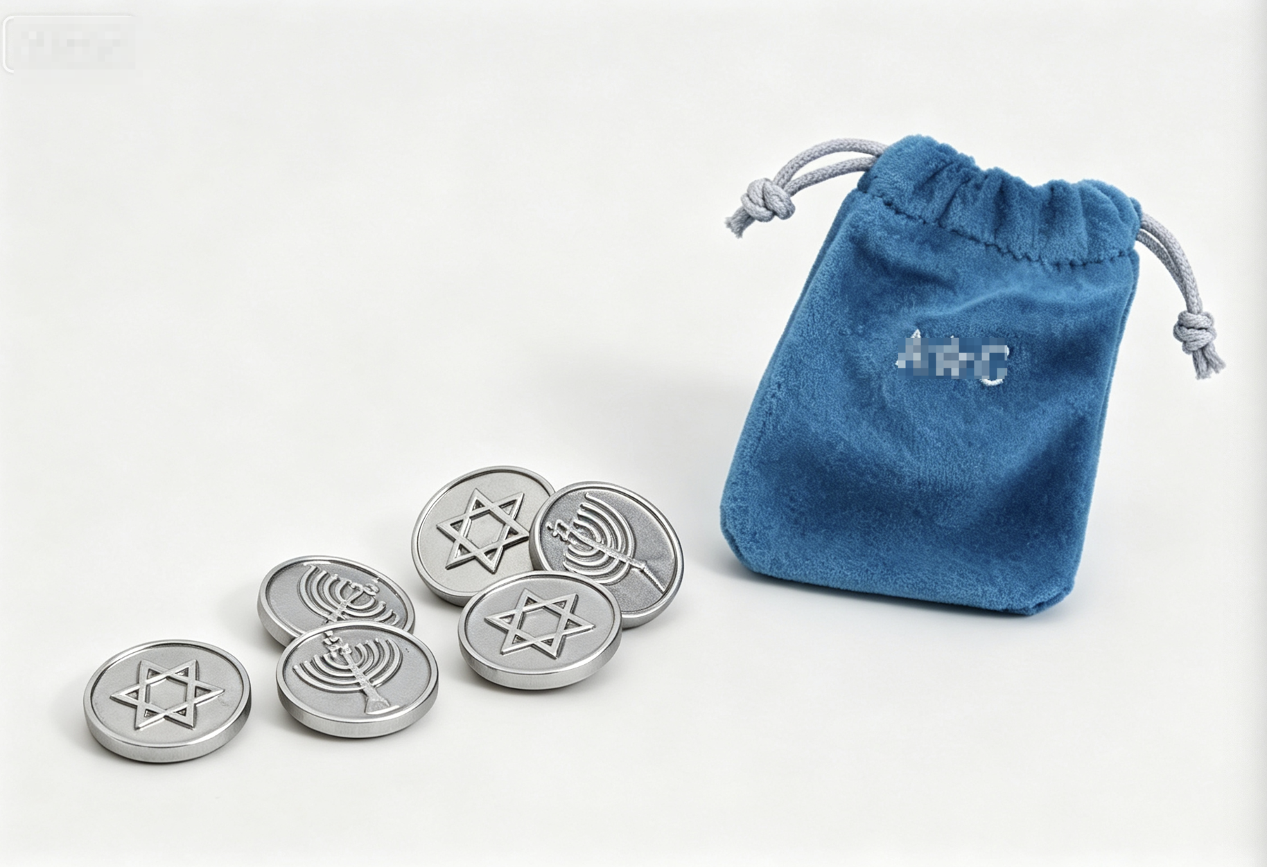 【Blue velour drawstring bag & 6 gelt coins for 18'' doll Hanukkah Gift Set】 Main image